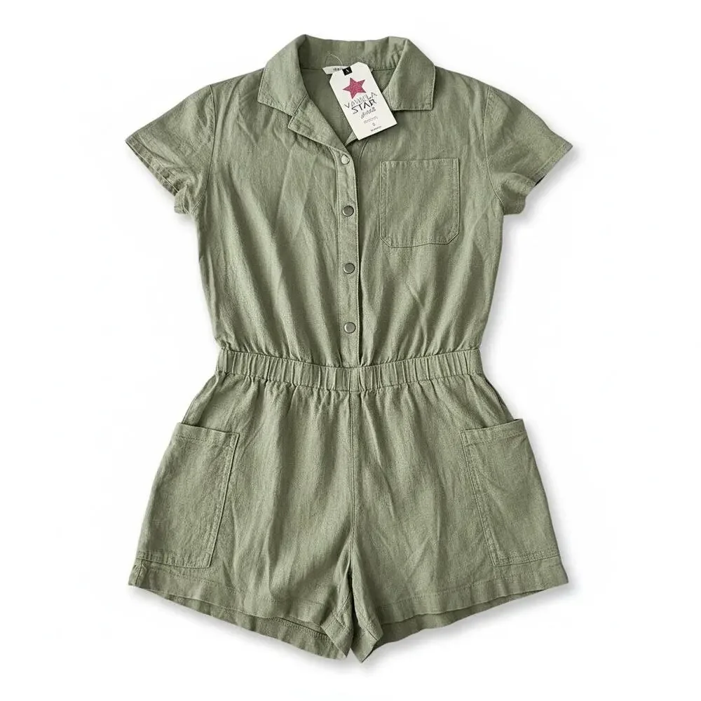 Vanilla Star Snap Front Cap Sleeve Collared Girls Romper, Size M, NWT